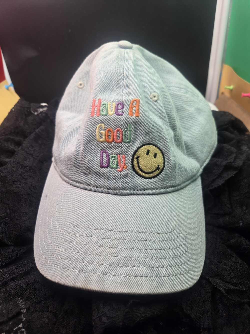 American Eagle Outfitters Light Denim Cap with Multicolor Embroidery